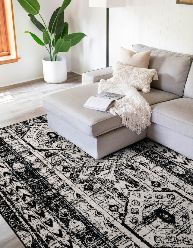 Black and White 7' 10 x 11' Portland Rectangle Area Rug 85% Polypropylene & 15% Polyester Vintage Distressed Traditional Carpet for Home Decor for Sale at Rug Engine