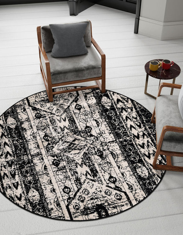 Black and White 3' 1 x 3' 1 Portland Round Area Rug 85% Polypropylene & 15% Polyester Vintage Distressed Traditional Carpet for Home Decor for Sale at Rug Engine
