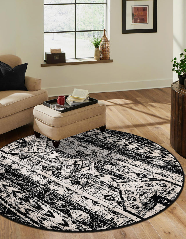 Black and White 3' 1 x 3' 1 Portland Round Area Rug 85% Polypropylene & 15% Polyester Vintage Distressed Traditional Carpet for Home Decor for Sale at Rug Engine
