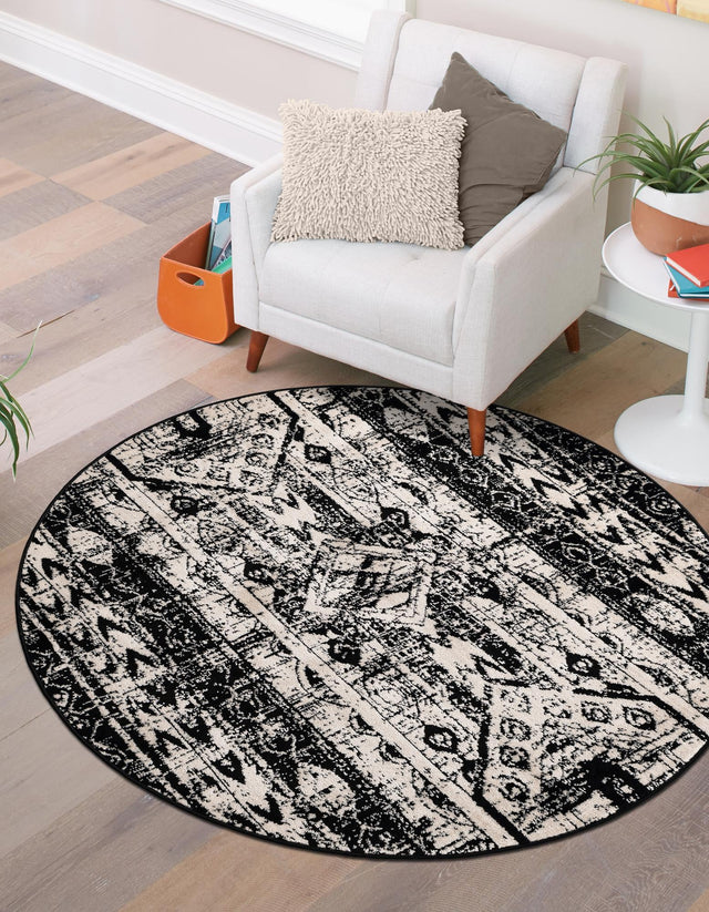 Black and White 3' 1 x 3' 1 Portland Round Area Rug 85% Polypropylene & 15% Polyester Vintage Distressed Traditional Carpet for Home Decor for Sale at Rug Engine
