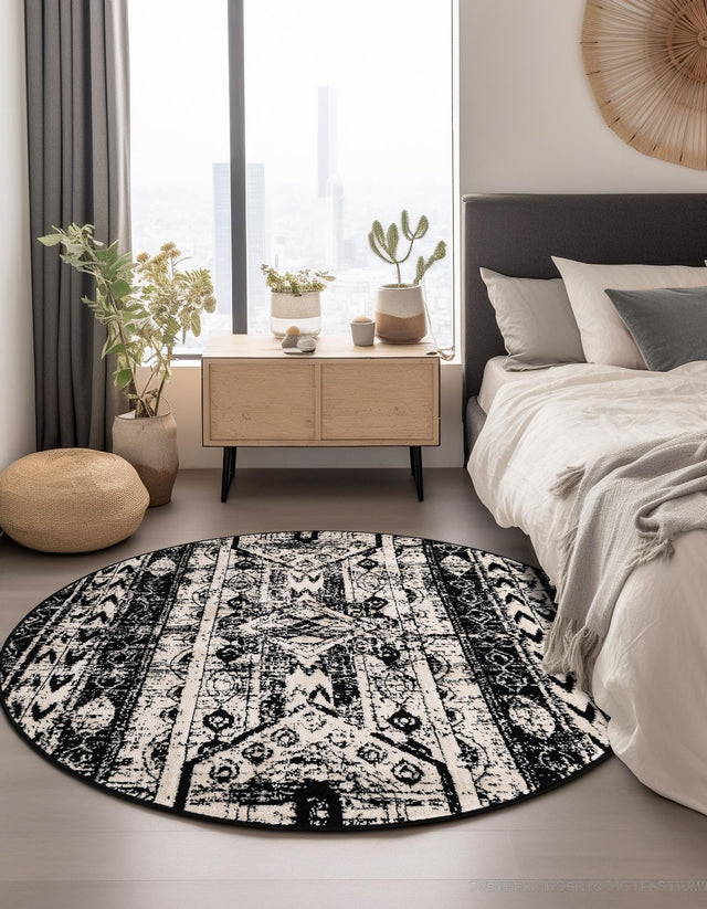 Black and White 7' 1 x 7' 1 Portland Round Area Rug 85% Polypropylene & 15% Polyester Vintage Distressed Traditional Carpet for Home Decor for Sale at Rug Engine