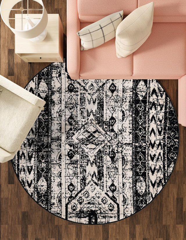 Black and White 3' 1 x 3' 1 Portland Round Area Rug 85% Polypropylene & 15% Polyester Vintage Distressed Traditional Carpet for Home Decor for Sale at Rug Engine