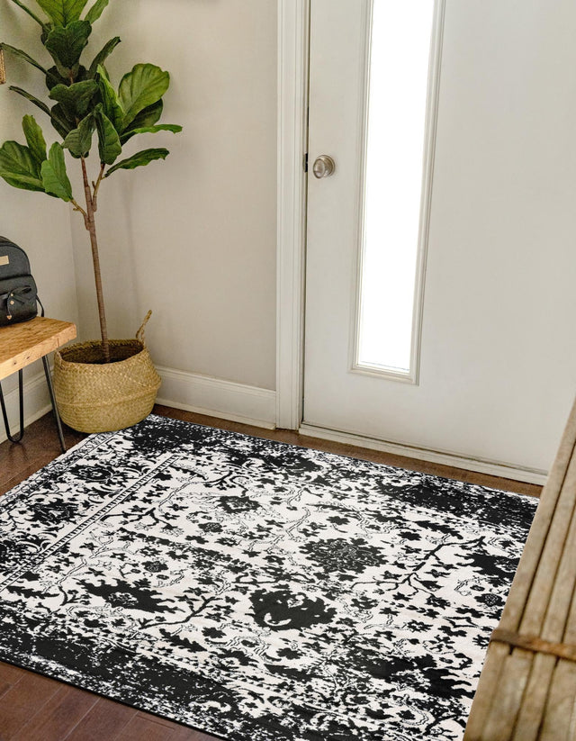 Black and White 4' 1 x 4' 1 Portland Square Area Rug 85% Polypropylene & 15% Polyester Vintage Distressed Traditional Carpet for Home Decor for Sale at Rug Engine