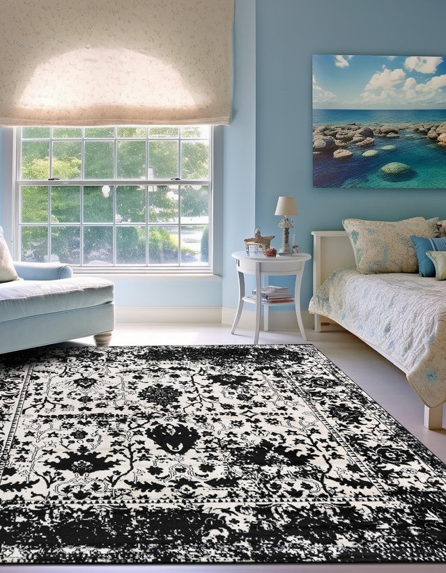 Black and White 4' 1 x 4' 1 Portland Square Area Rug 85% Polypropylene & 15% Polyester Vintage Distressed Traditional Carpet for Home Decor for Sale at Rug Engine