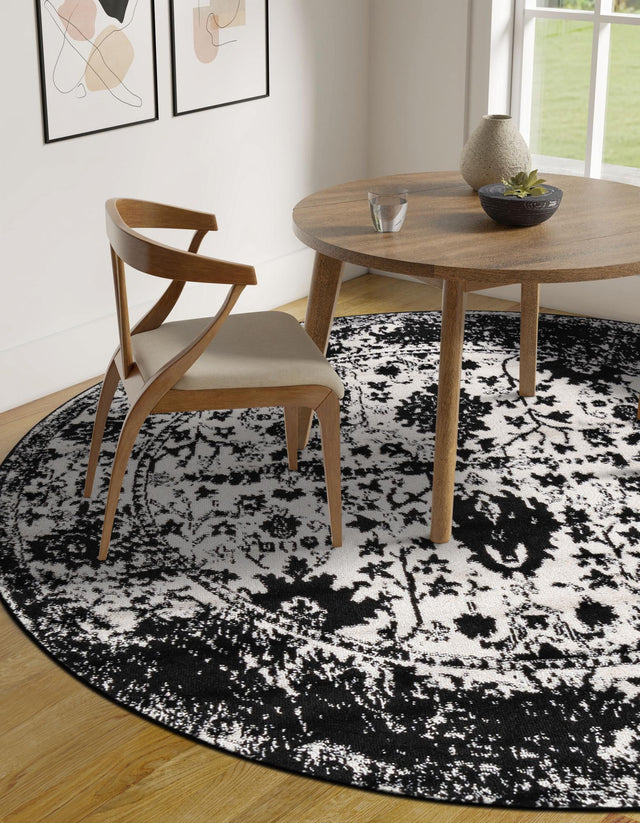Black and White 7' 1 x 7' 1 Portland Round Area Rug 85% Polypropylene & 15% Polyester Vintage Distressed Traditional Carpet for Home Decor for Sale at Rug Engine