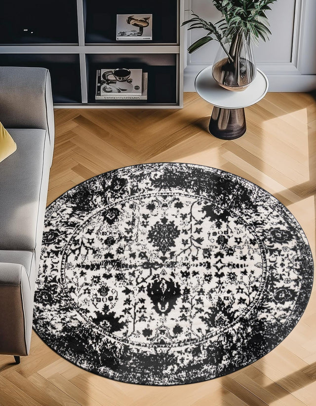 Black and White 3' 1 x 3' 1 Portland Round Area Rug 85% Polypropylene & 15% Polyester Vintage Distressed Traditional Carpet for Home Decor for Sale at Rug Engine