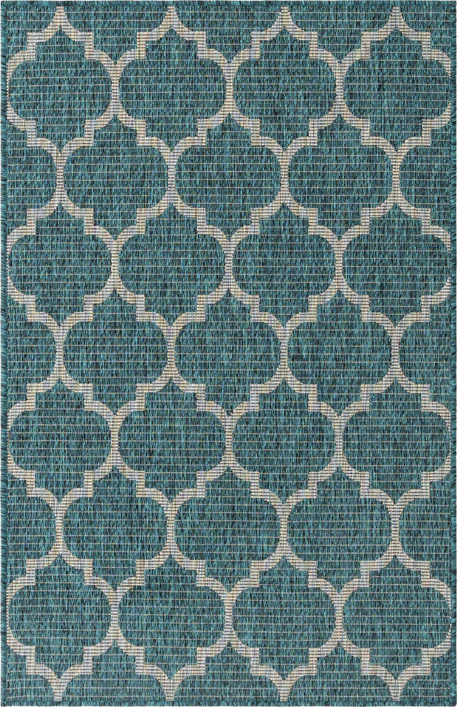 Teal 3' 1 x 5' 3 Outdoor Trellis Rectangle Area Rug Weather Resistant for Patio, Deck, Terrace, Balcony, Porch Geometric Design Water Safe Outside Carpet for Sale at Rug Engine