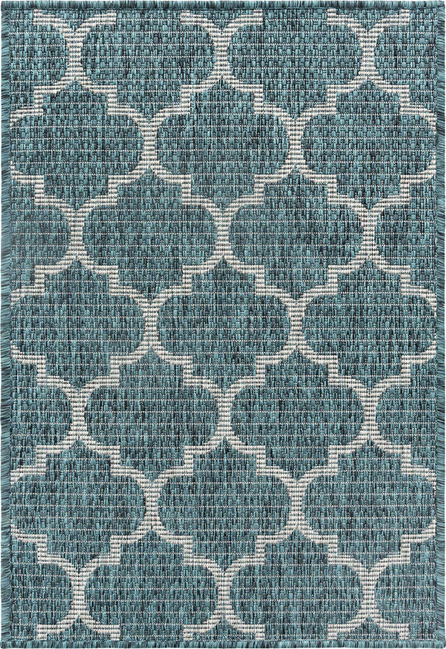 Teal 2' x 3' 1 Outdoor Trellis Rectangle Area Rug Weather Resistant for Patio, Deck, Terrace, Balcony, Porch Geometric Design Water Safe Outside Carpet for Sale at Rug Engine