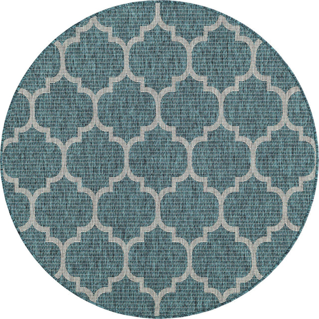 Teal 5' 3 x 5' 3 Outdoor Trellis Round Area Rug Weather Resistant for Patio, Deck, Terrace, Balcony, Porch Geometric Design Water Safe Outside Carpet for Sale at Rug Engine