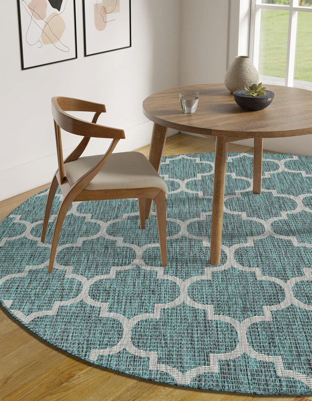 Teal 5' 3 x 5' 3 Outdoor Trellis Round Area Rug Weather Resistant for Patio, Deck, Terrace, Balcony, Porch Geometric Design Water Safe Outside Carpet for Sale at Rug Engine