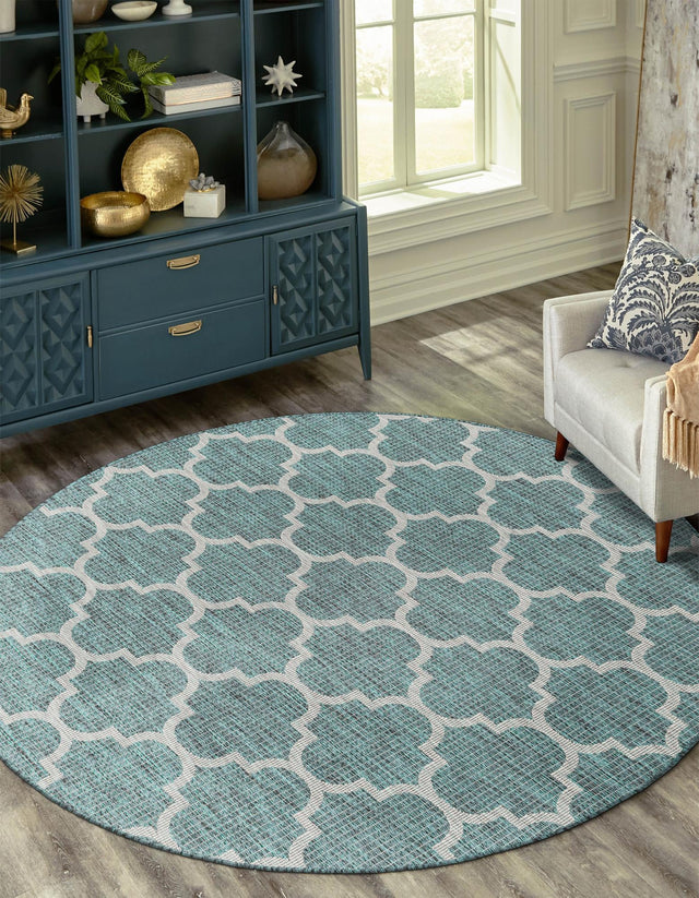 Teal 5' 3 x 5' 3 Outdoor Trellis Round Area Rug Weather Resistant for Patio, Deck, Terrace, Balcony, Porch Geometric Design Water Safe Outside Carpet for Sale at Rug Engine
