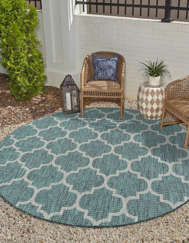 Teal 5' 3 x 5' 3 Outdoor Trellis Round Area Rug Weather Resistant for Patio, Deck, Terrace, Balcony, Porch Geometric Design Water Safe Outside Carpet for Sale at Rug Engine