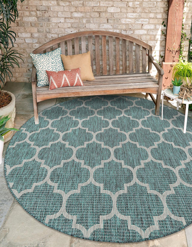 Teal 3' 1 x 3' 1 Outdoor Trellis Round Area Rug Weather Resistant for Patio, Deck, Terrace, Balcony, Porch Geometric Design Water Safe Outside Carpet for Sale at Rug Engine