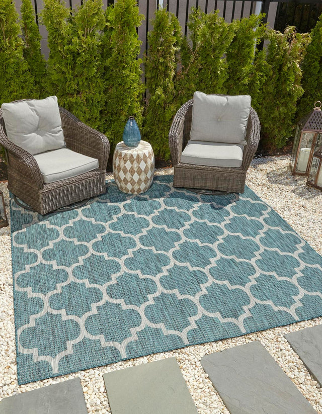 Teal 6' 1 x 6' 1 Outdoor Trellis Square Area Rug Weather Resistant for Patio, Deck, Terrace, Balcony, Porch Geometric Design Water Safe Outside Carpet for Sale at Rug Engine