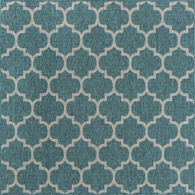 Teal 7' 10 x 7' 10 Outdoor Trellis Square Area Rug Weather Resistant for Patio, Deck, Terrace, Balcony, Porch Geometric Design Water Safe Outside Carpet for Sale at Rug Engine