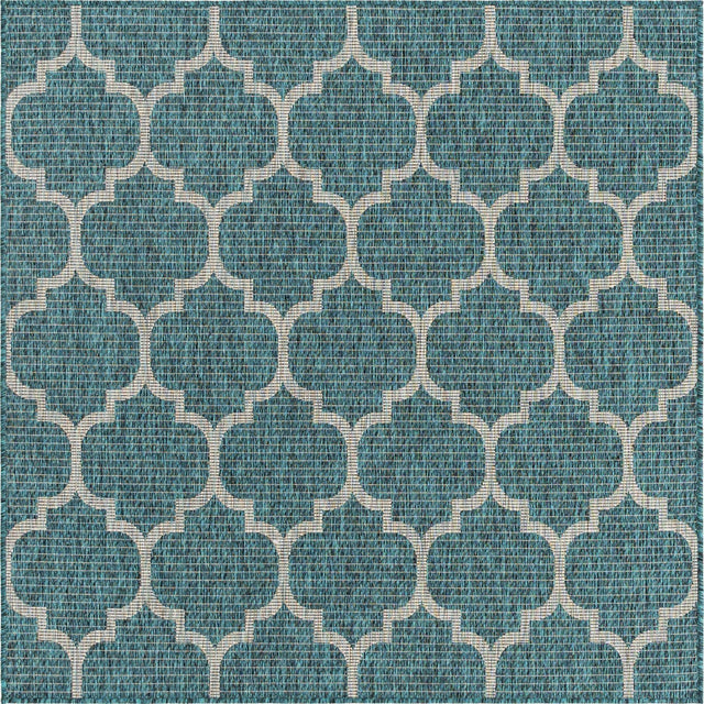 Teal 5' 3 x 5' 3 Outdoor Trellis Square Area Rug Weather Resistant for Patio, Deck, Terrace, Balcony, Porch Geometric Design Water Safe Outside Carpet for Sale at Rug Engine