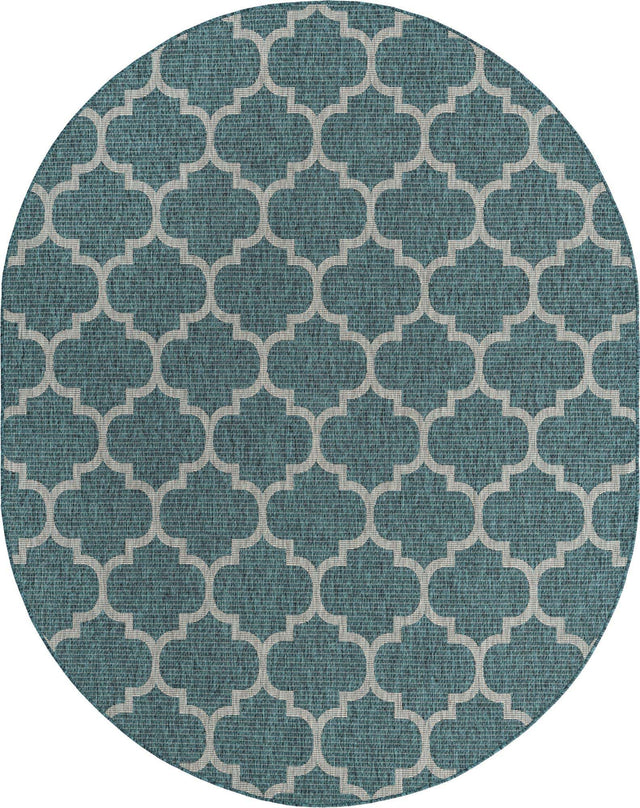 Teal 7' 10 x 10' Outdoor Trellis Oval Area Rug Weather Resistant for Patio, Deck, Terrace, Balcony, Porch Geometric Design Water Safe Outside Carpet for Sale at Rug Engine