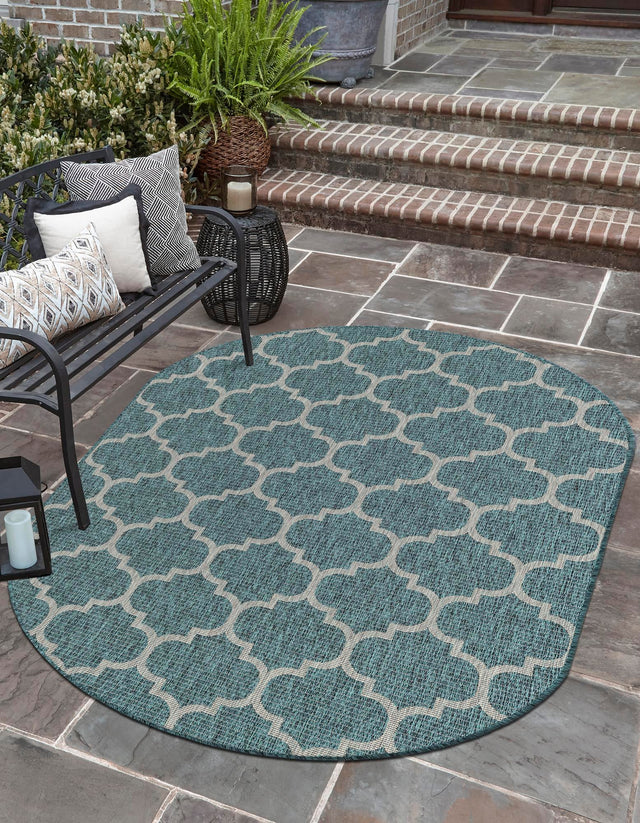 Teal 5' 3 x 8' Outdoor Trellis Oval Area Rug Weather Resistant for Patio, Deck, Terrace, Balcony, Porch Geometric Design Water Safe Outside Carpet for Sale at Rug Engine