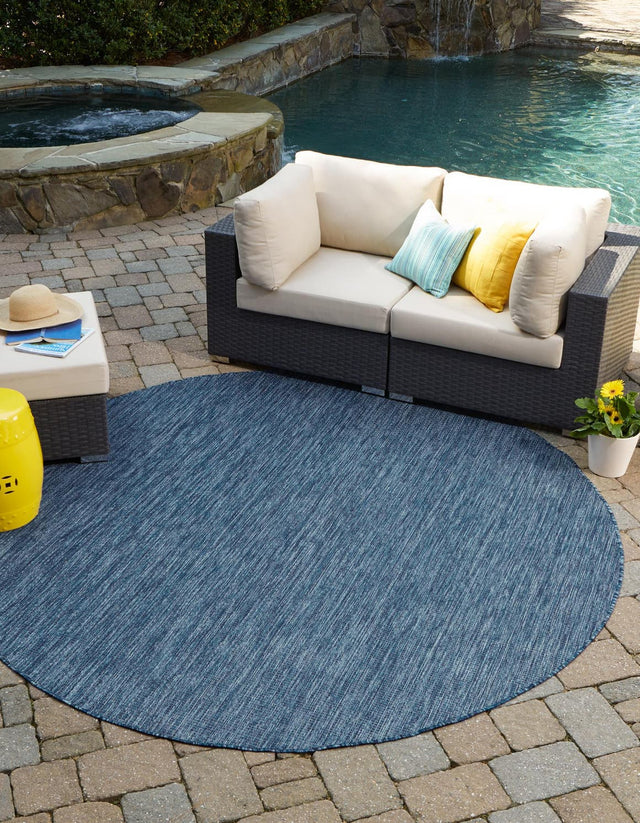 Blue 6' 1 x 6' 1 Outdoor Solid Round Area Rug Weather Resistant for Patio, Deck, Terrace, Balcony, Porch 100% Polypropylene Minimalist Waterproof Carpet for Sale at Rug Engine