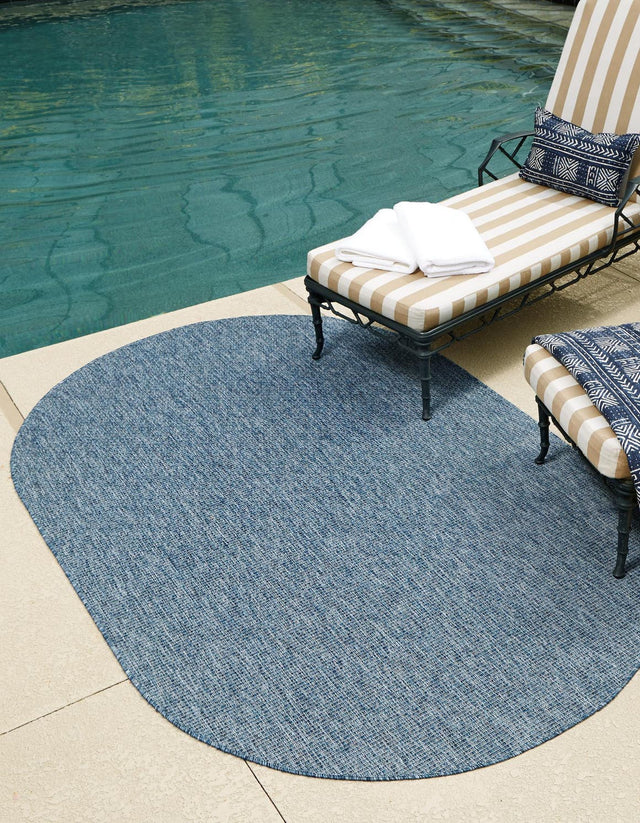 Blue 7' 10 x 10' Outdoor Solid Oval Area Rug Weather Resistant for Patio, Deck, Terrace, Balcony, Porch 100% Polypropylene Minimalist Waterproof Carpet for Sale at Rug Engine