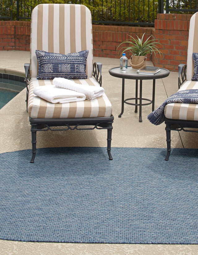 Blue 7' 10 x 10' Outdoor Solid Oval Area Rug Weather Resistant for Patio, Deck, Terrace, Balcony, Porch 100% Polypropylene Minimalist Waterproof Carpet for Sale at Rug Engine