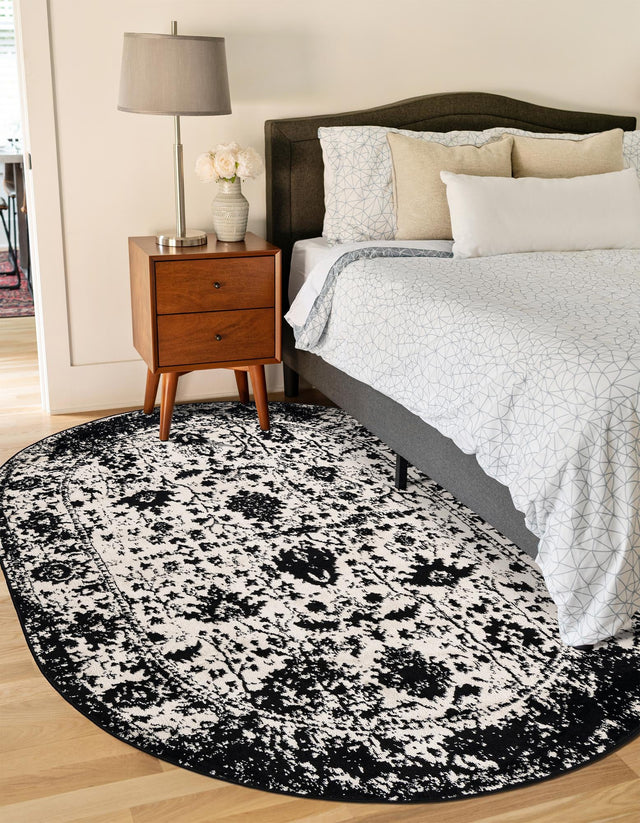 Black and White 5' 3 x 8' Portland Oval Area Rug 85% Polypropylene & 15% Polyester Vintage Distressed Traditional Carpet for Home Decor for Sale at Rug Engine