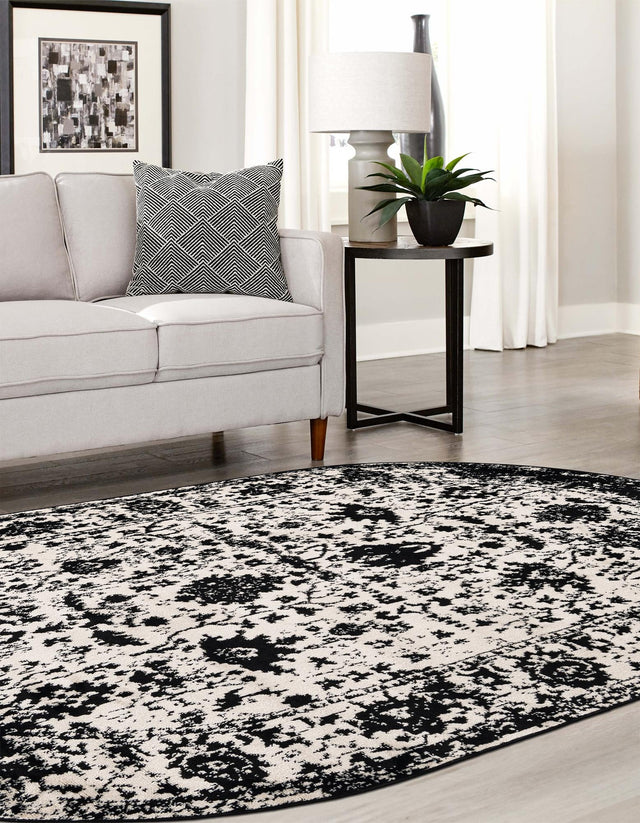 Black and White 5' 3 x 8' Portland Oval Area Rug 85% Polypropylene & 15% Polyester Vintage Distressed Traditional Carpet for Home Decor for Sale at Rug Engine