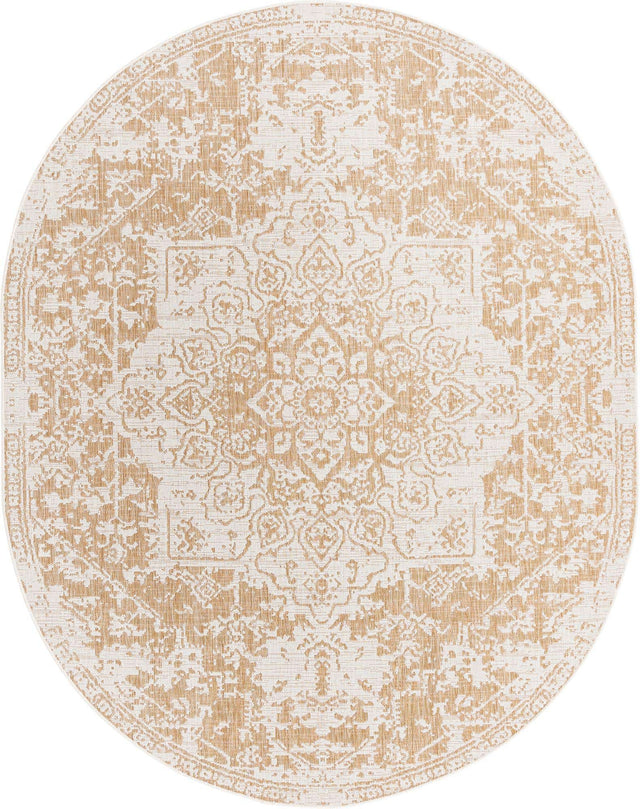 Beige 7' 10 x 10' Jill Zarin Outdoor Oval Area Rug Weather Resistant for Patio, Deck, Terrace, Balcony, Porch Durable 100% Polypropylene Carpet for Outside for Sale at Rug Engine