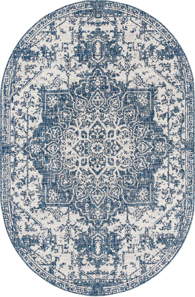 Blue 5' 3 x 8' Jill Zarin Outdoor Oval Area Rug Weather Resistant for Patio, Deck, Terrace, Balcony, Porch Durable 100% Polypropylene Carpet for Outside for Sale at Rug Engine