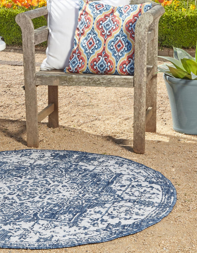 Blue 6' 7 x 6' 7 Jill Zarin Outdoor Round Area Rug Weather Resistant for Patio, Deck, Terrace, Balcony, Porch Durable 100% Polypropylene Carpet for Outside for Sale at Rug Engine