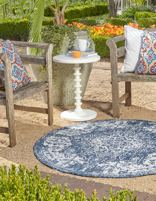 Blue 10' 8 x 10' 8 Jill Zarin Outdoor Round Area Rug Weather Resistant for Patio, Deck, Terrace, Balcony, Porch Durable 100% Polypropylene Carpet for Outside for Sale at Rug Engine