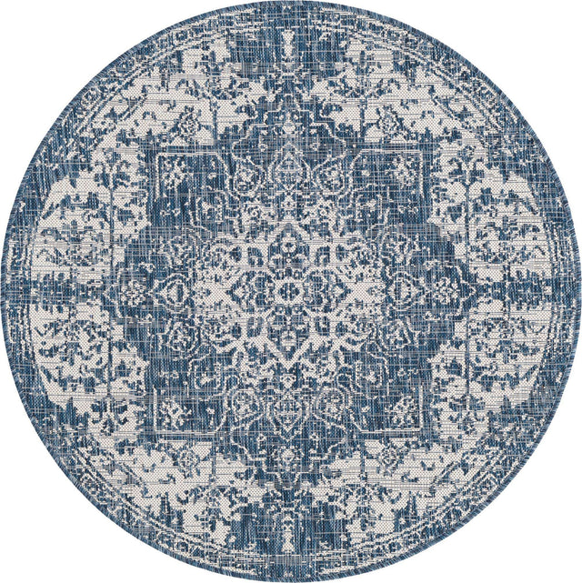 Blue 4' 1 x 4' 1 Jill Zarin Outdoor Round Area Rug Weather Resistant for Patio, Deck, Terrace, Balcony, Porch Durable 100% Polypropylene Carpet for Outside for Sale at Rug Engine