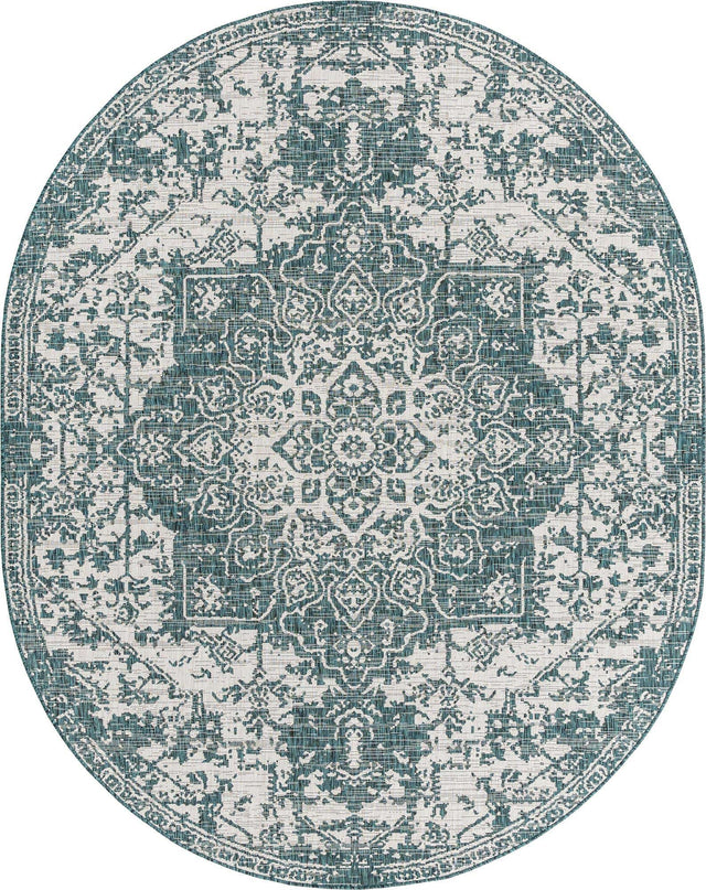 Teal 7' 10 x 10' Jill Zarin Outdoor Oval Area Rug Weather Resistant for Patio, Deck, Terrace, Balcony, Porch Durable 100% Polypropylene Carpet for Outside for Sale at Rug Engine
