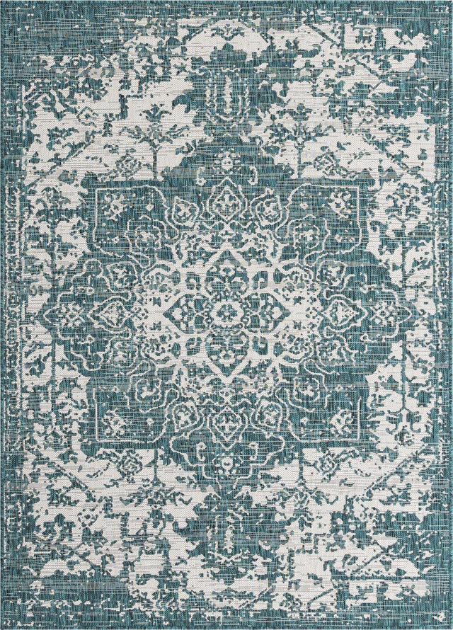 Teal 5' 3 x 8' Jill Zarin Outdoor Rectangle Area Rug Weather Resistant for Patio, Deck, Terrace, Balcony, Porch Durable 100% Polypropylene Carpet for Outside for Sale at Rug Engine