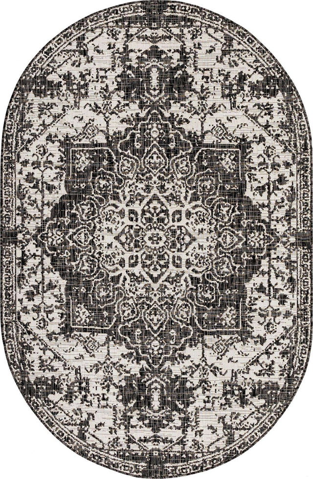 Charcoal Gray 5' 3 x 8' Jill Zarin Outdoor Oval Area Rug Weather Resistant for Patio, Deck, Terrace, Balcony, Porch Durable 100% Polypropylene Carpet for Outside for Sale at Rug Engine