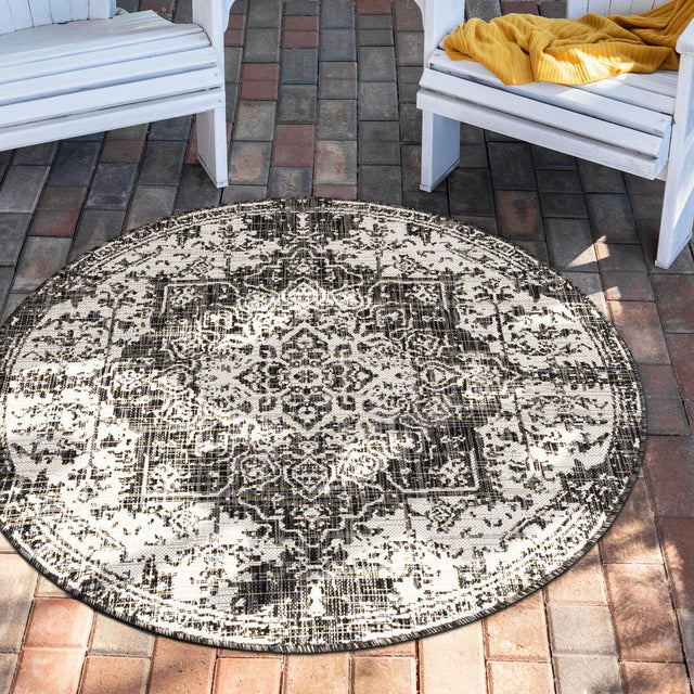 Charcoal Gray 6' 7 x 6' 7 Jill Zarin Outdoor Round Area Rug Weather Resistant for Patio, Deck, Terrace, Balcony, Porch Durable 100% Polypropylene Carpet for Outside for Sale at Rug Engine