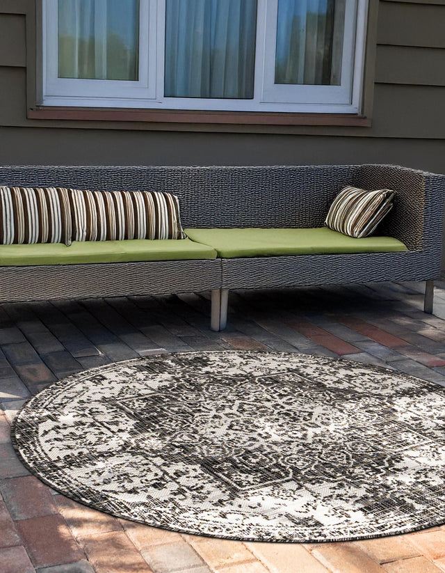 Charcoal Gray 6' 7 x 6' 7 Jill Zarin Outdoor Round Area Rug Weather Resistant for Patio, Deck, Terrace, Balcony, Porch Durable 100% Polypropylene Carpet for Outside for Sale at Rug Engine