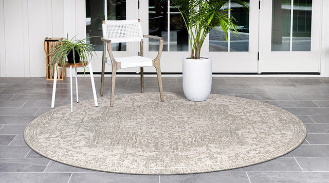 Gray 6' 7 x 6' 7 Jill Zarin Outdoor Round Area Rug Weather Resistant for Patio, Deck, Terrace, Balcony, Porch Durable 100% Polypropylene Carpet for Outside for Sale at Rug Engine