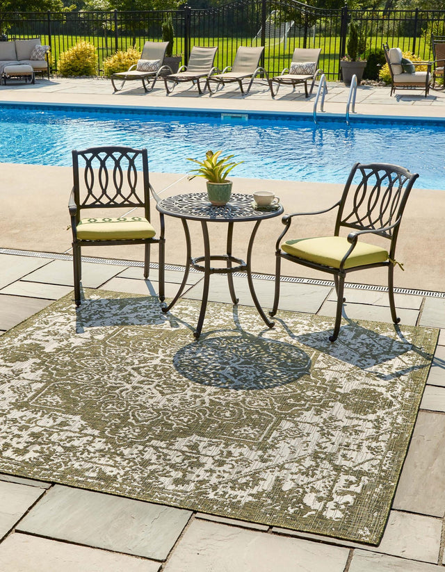 Green 7' 10 x 7' 10 Jill Zarin Outdoor Square Area Rug Weather Resistant for Patio, Deck, Terrace, Balcony, Porch Durable 100% Polypropylene Carpet for Outside for Sale at Rug Engine