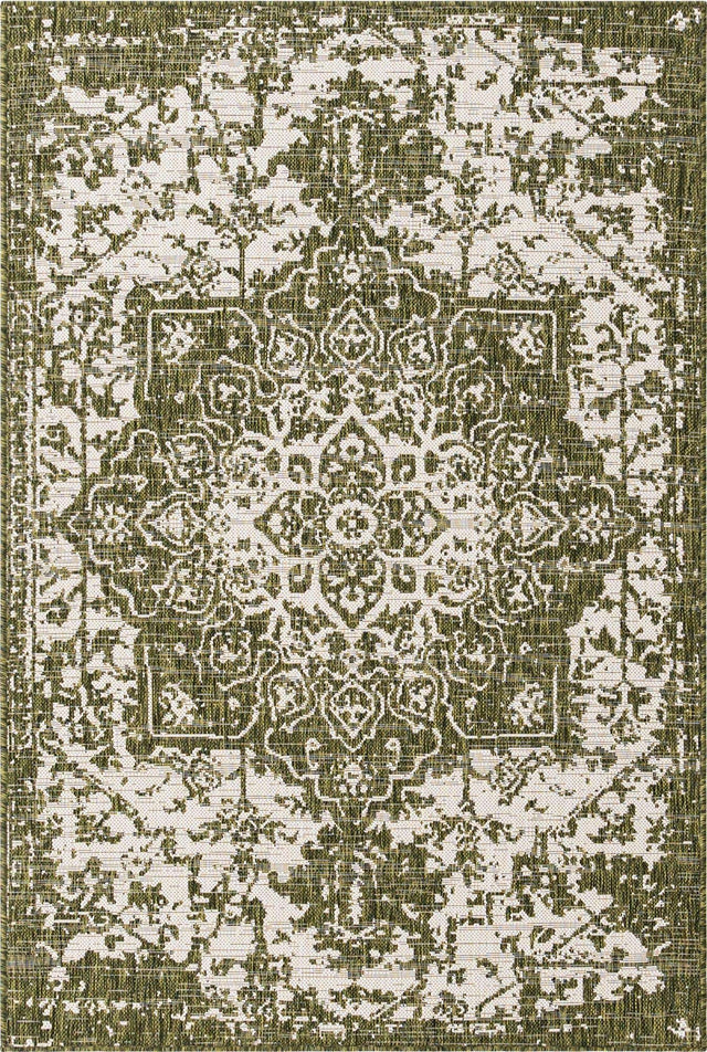 Green 4' 1 x 6' 1 Jill Zarin Outdoor Rectangle Area Rug Weather Resistant for Patio, Deck, Terrace, Balcony, Porch Durable 100% Polypropylene Carpet for Outside for Sale at Rug Engine