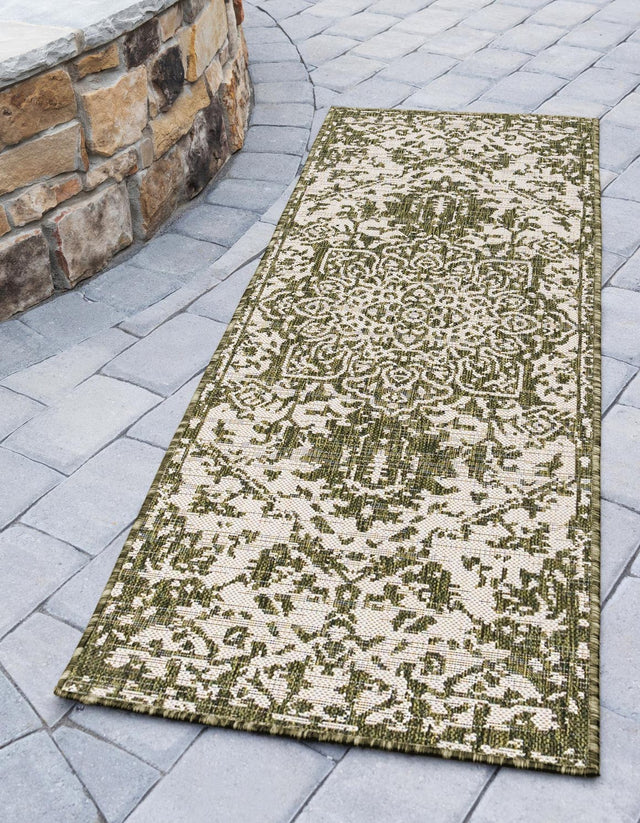 Green 2' x 8' Jill Zarin Outdoor Runner Area Rug Weather Resistant for Patio, Deck, Terrace, Balcony, Porch Durable 100% Polypropylene Carpet for Outside for Sale at Rug Engine