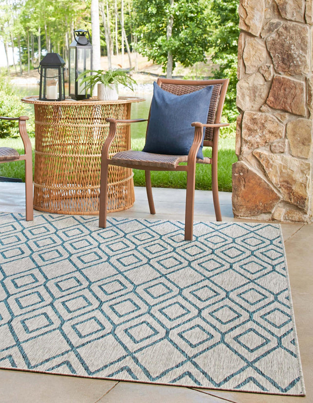Gray Teal 7' 10 x 7' 10 Jill Zarin Outdoor Square Area Rug Weather Resistant for Patio, Deck, Terrace, Balcony, Porch Durable 100% Polypropylene Carpet for Outside for Sale at Rug Engine