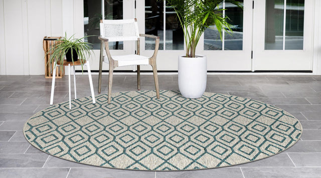 Gray Teal 4' 1 x 4' 1 Jill Zarin Outdoor Round Area Rug Weather Resistant for Patio, Deck, Terrace, Balcony, Porch Durable 100% Polypropylene Carpet for Outside for Sale at Rug Engine