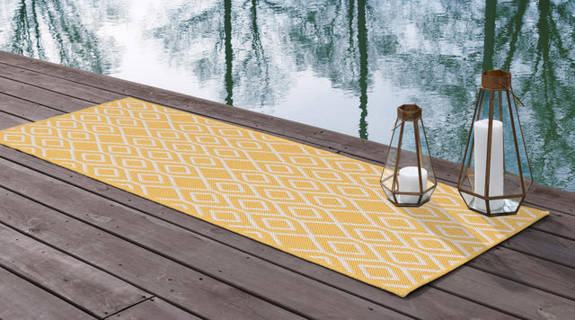 Yellow Ivory 2' x 8' Jill Zarin Outdoor Runner Area Rug Weather Resistant for Patio, Deck, Terrace, Balcony, Porch Durable 100% Polypropylene Carpet for Outside for Sale at Rug Engine