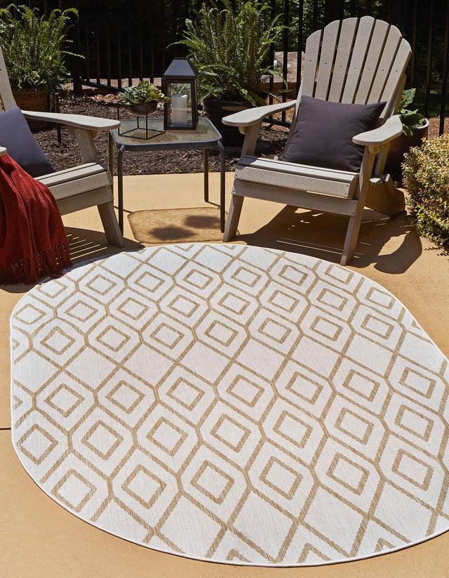 Beige 5' 3 x 8' Jill Zarin Outdoor Oval Area Rug Weather Resistant for Patio, Deck, Terrace, Balcony, Porch Durable 100% Polypropylene Carpet for Outside for Sale at Rug Engine