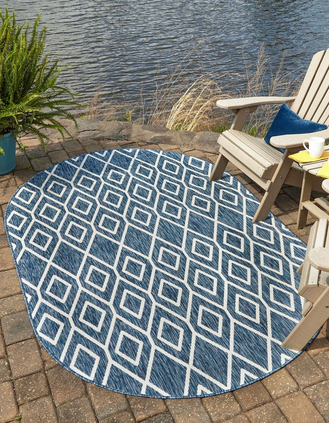 Blue 7' 10 x 10' Jill Zarin Outdoor Oval Area Rug Weather Resistant for Patio, Deck, Terrace, Balcony, Porch Durable 100% Polypropylene Carpet for Outside for Sale at Rug Engine