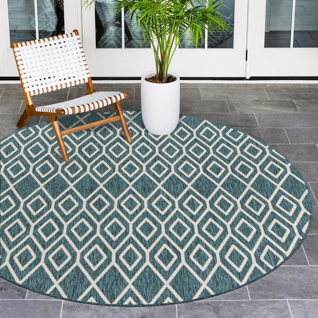 Teal 6' 7 x 6' 7 Jill Zarin Outdoor Round Area Rug Weather Resistant for Patio, Deck, Terrace, Balcony, Porch Durable 100% Polypropylene Carpet for Outside for Sale at Rug Engine