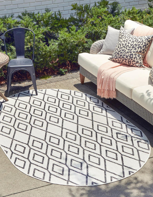 Ivory 7' 10 x 10' Jill Zarin Outdoor Oval Area Rug Weather Resistant for Patio, Deck, Terrace, Balcony, Porch Durable 100% Polypropylene Carpet for Outside for Sale at Rug Engine