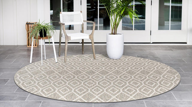 Gray Cream 7' 1 x 7' 1 Jill Zarin Outdoor Round Area Rug Weather Resistant for Patio, Deck, Terrace, Balcony, Porch Durable 100% Polypropylene Carpet for Outside for Sale at Rug Engine