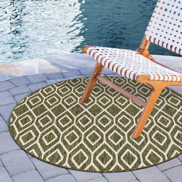 Green 4' 1 x 4' 1 Jill Zarin Outdoor Round Area Rug Weather Resistant for Patio, Deck, Terrace, Balcony, Porch Durable 100% Polypropylene Carpet for Outside for Sale at Rug Engine